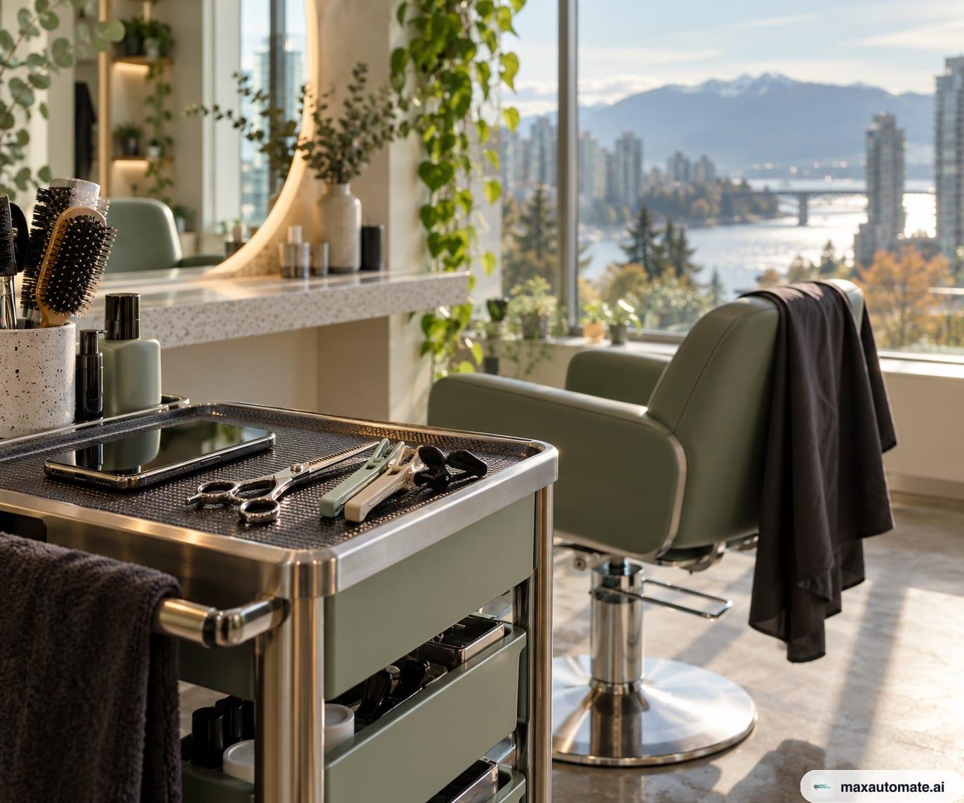 A salon styling station with an empty sage-green chair under a black cape and a phone lying on a steel trolley beside scissors and clips, city towers and mountains through the window