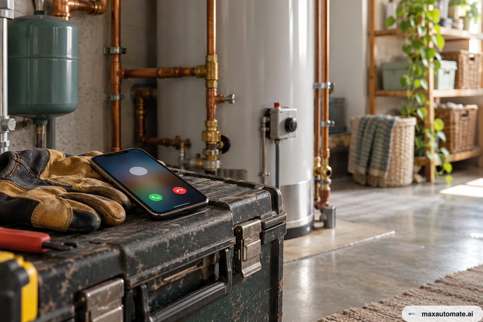 A smartphone showing an incoming call on a worn toolbox next to leather work gloves, in a utility room with a water heater and copper pipes