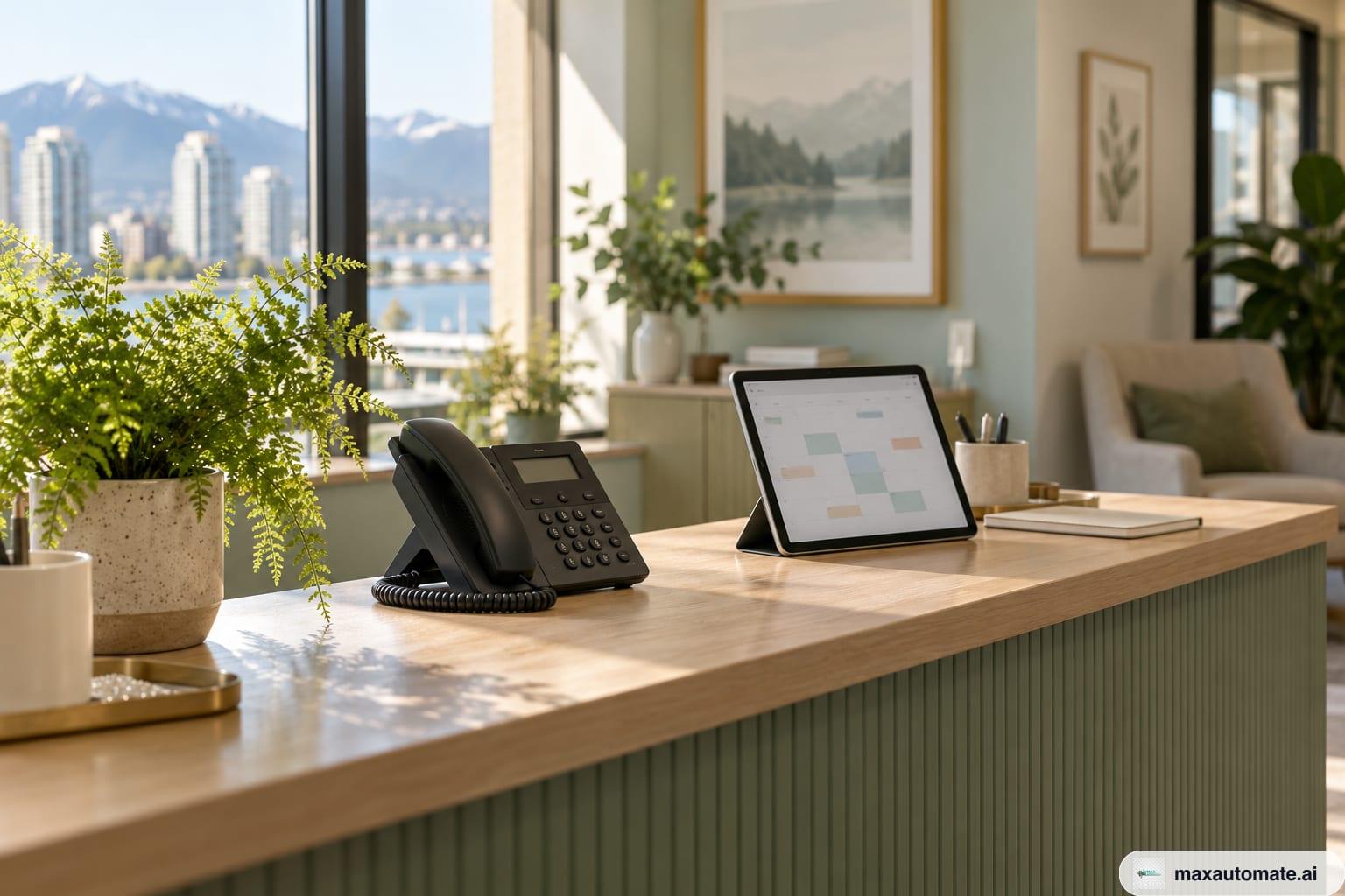 An empty reception desk with a black desk phone on its base and a tablet showing a booking calendar, a fern in front and mountains through the window behind