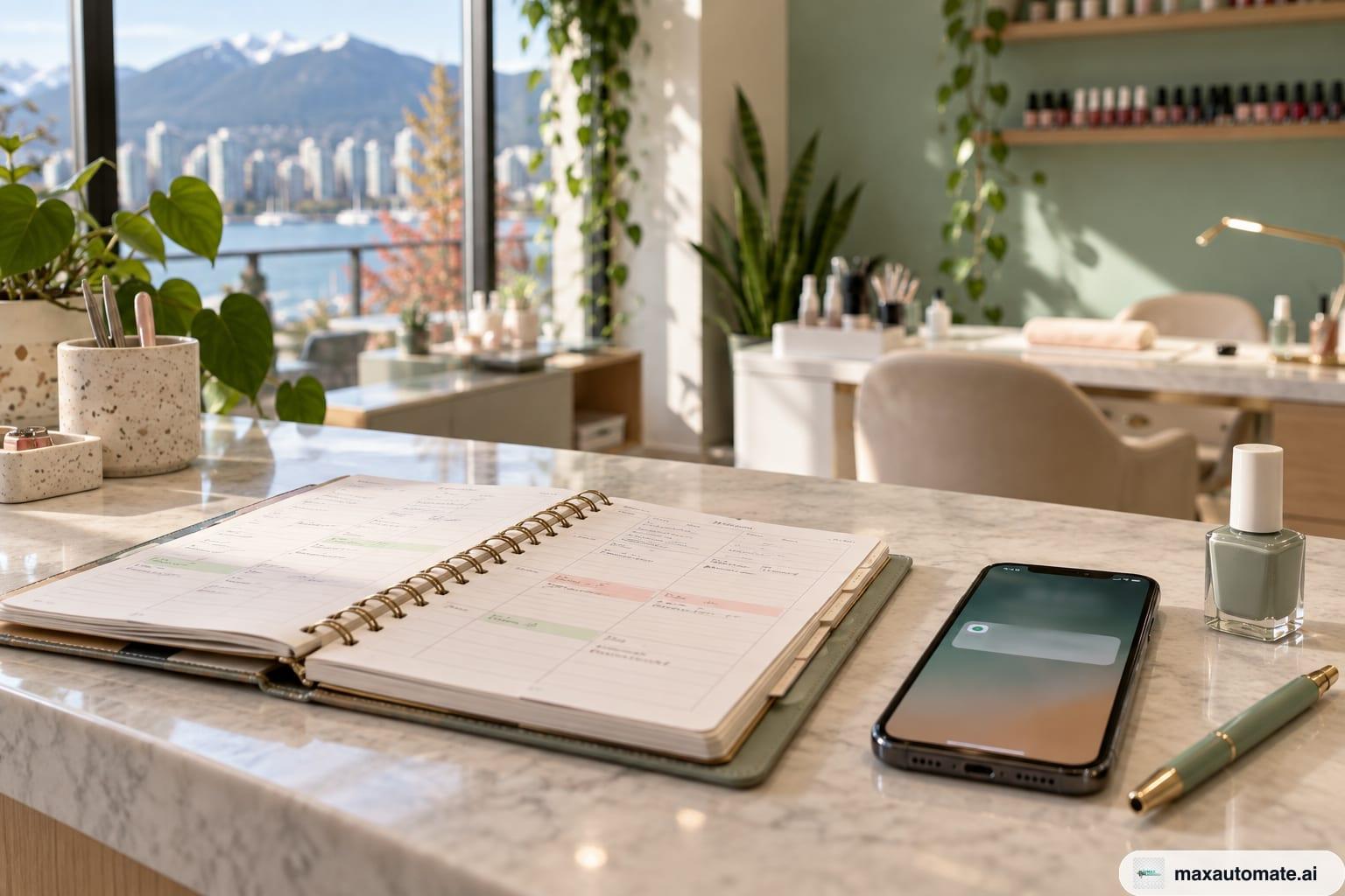 A paper appointment book lying open on a nail salon desk beside a row of polish bottles, with a phone showing an appointment reminder text