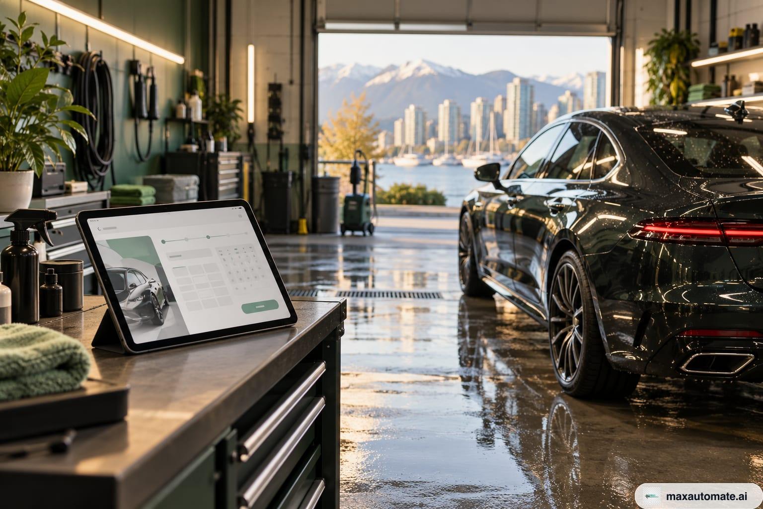 A freshly detailed dark car in a clean, brightly lit detailing bay, with a tablet on a stand showing a booking page
