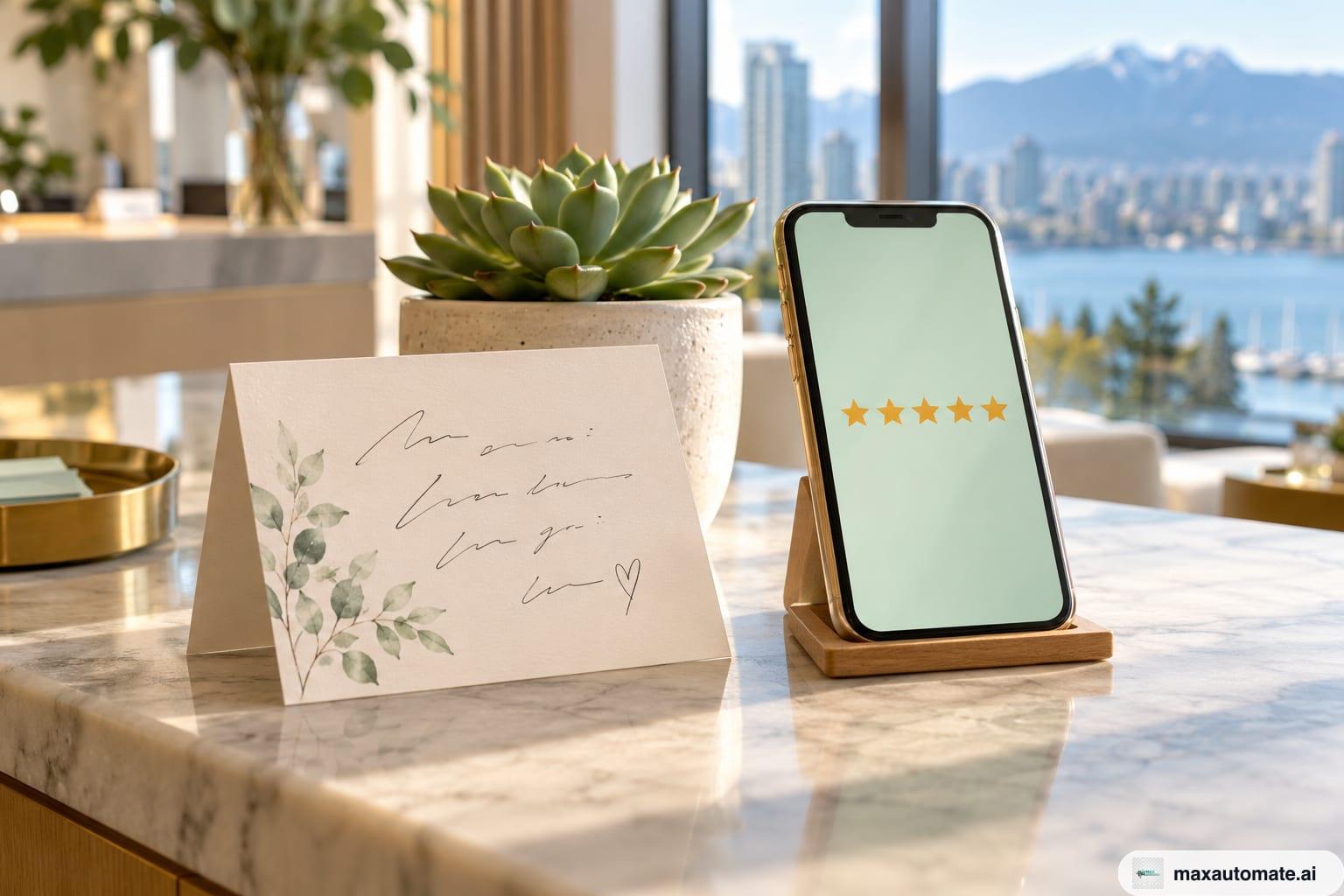 A handwritten thank-you card on a reception counter next to a phone showing a five-star rating card