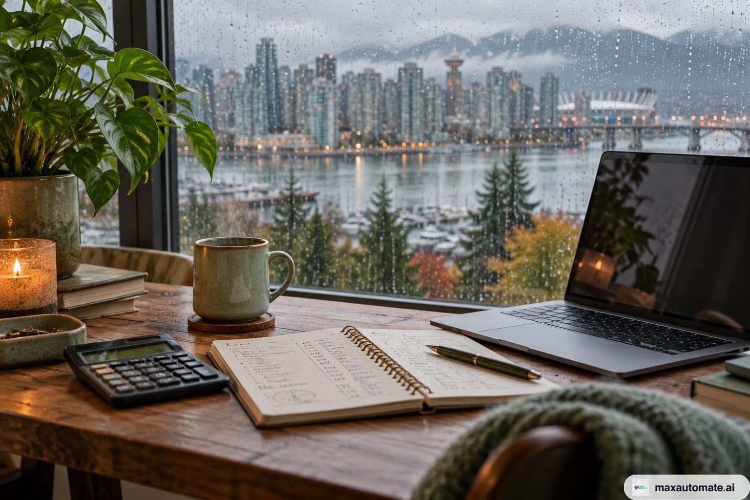 A desk by a rain-streaked window with an open laptop, a calculator and a hand-written budget list on lined paper