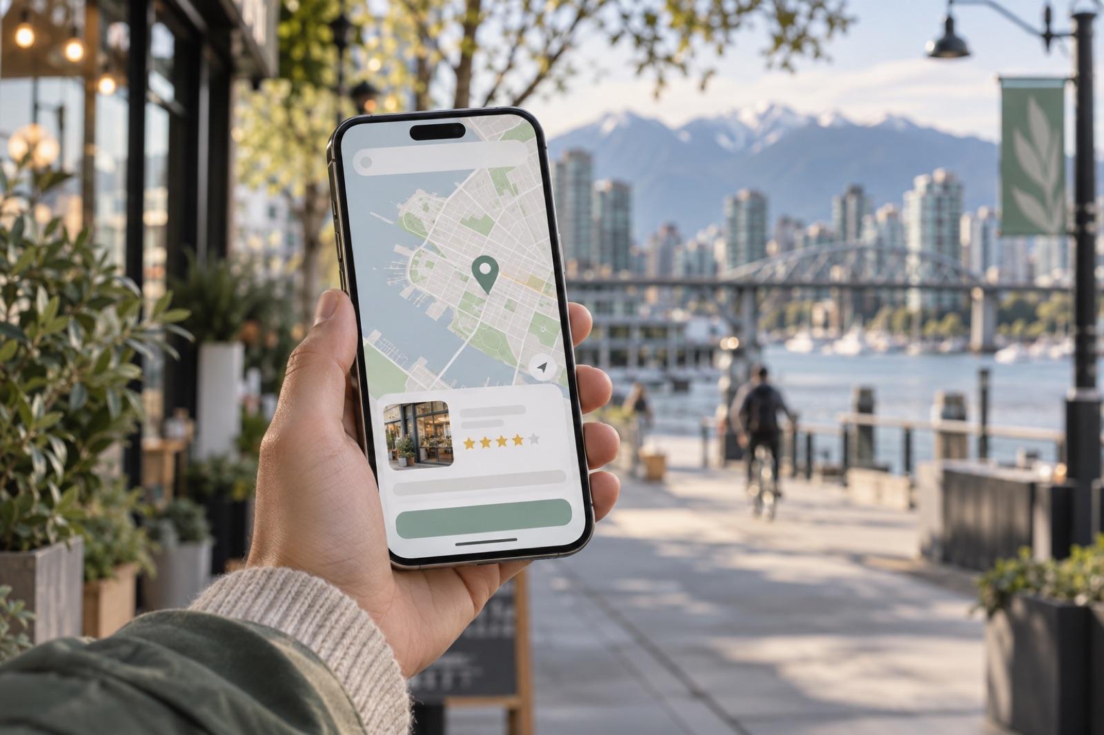 A phone showing a map listing with a rating card