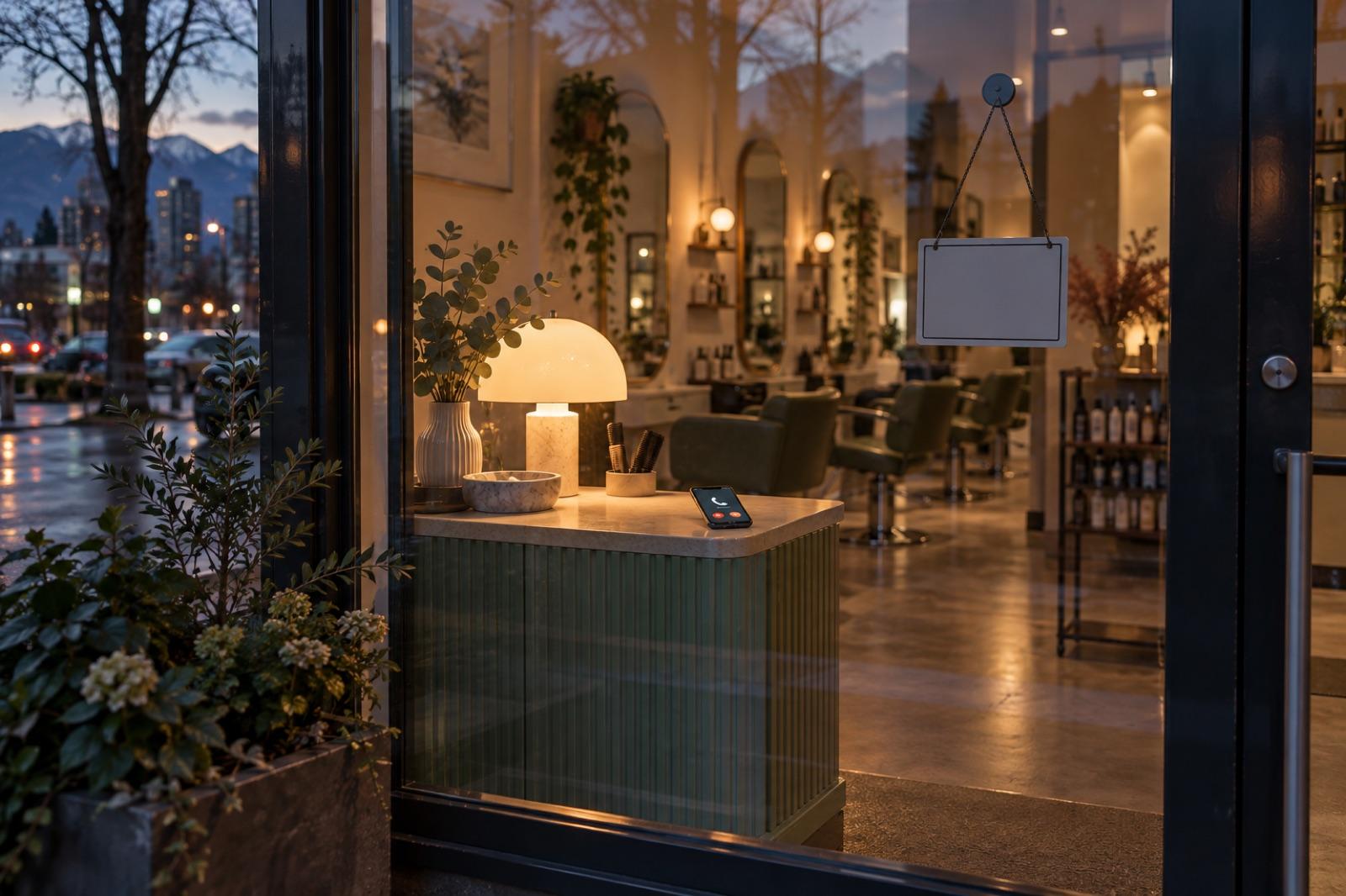 A small hair salon seen through its glass door at dusk, a lamp still on and a phone lit up with a call on the front counter