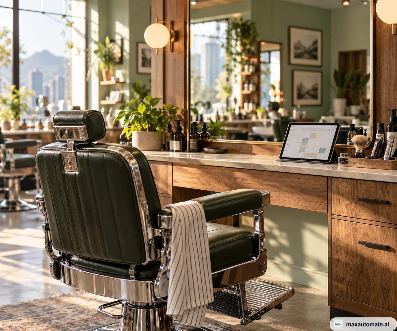 An empty barber chair facing a large mirror in a bright shop, with a tablet on the counter showing a weekly booking calendar
