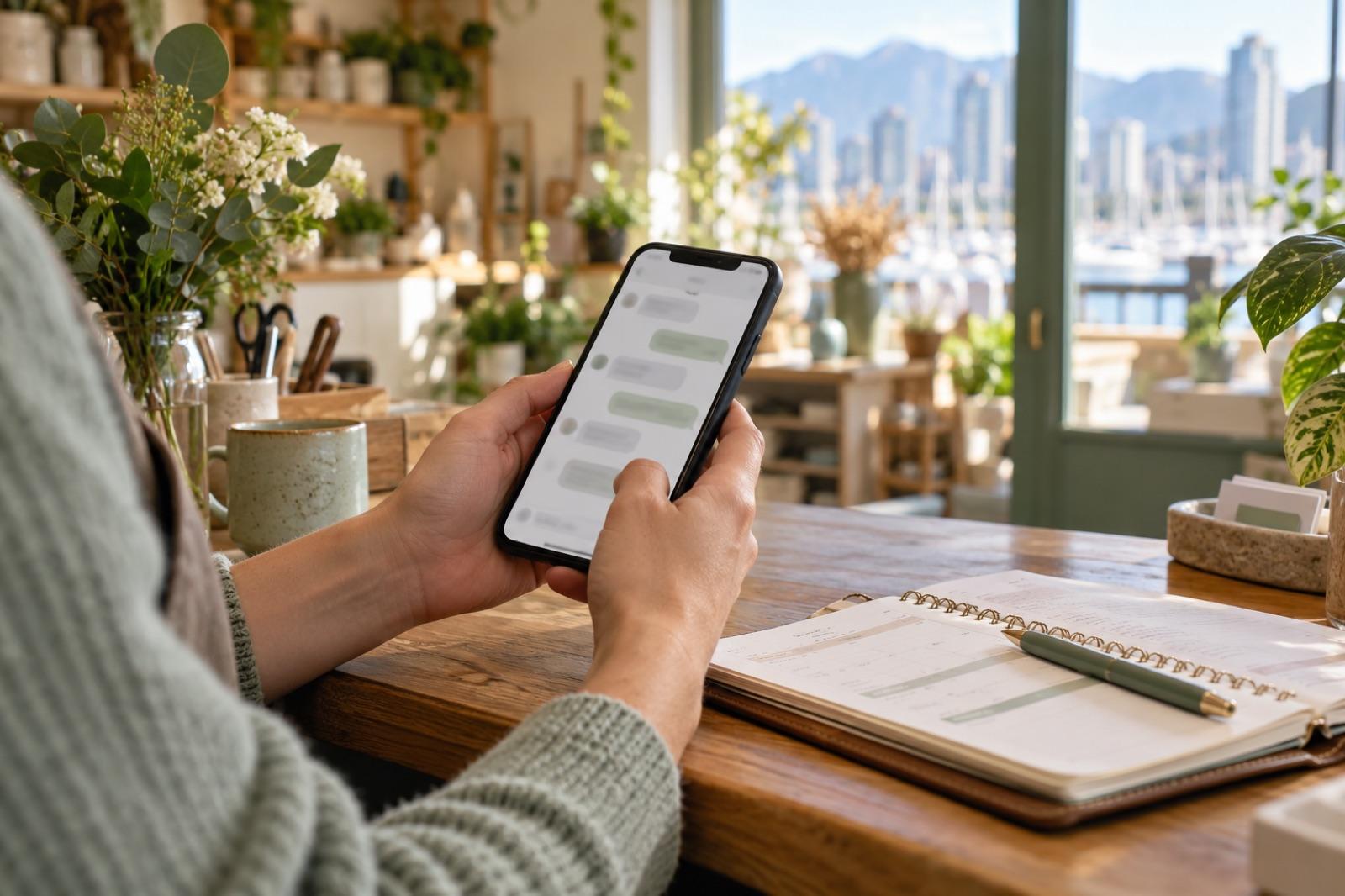 Hands holding a phone with a text conversation open, above a paper appointment book and pen on a wooden front desk