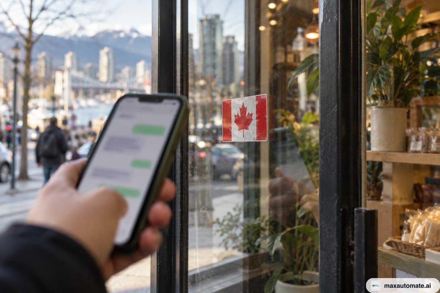 A small Canadian flag sticker on the glass door of a local shop, with a phone and its open text thread reflected in the glass