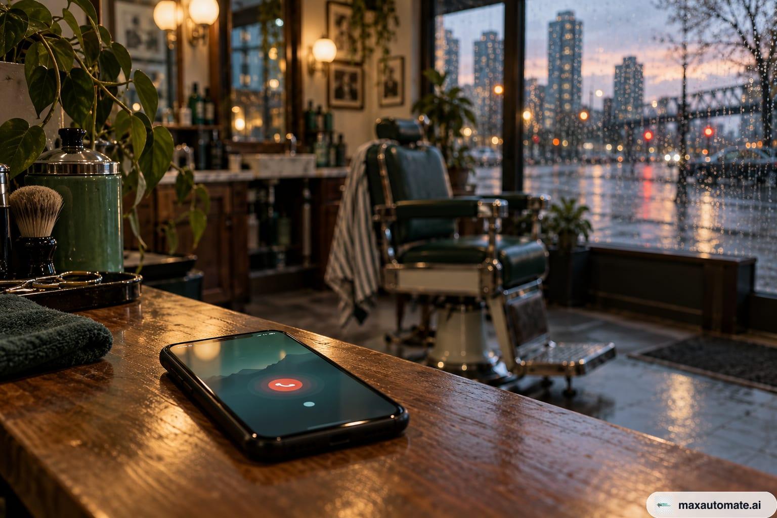 A phone lit up with a missed-call notification on the counter of a closed barbershop at dusk, empty chairs and a mirror behind it