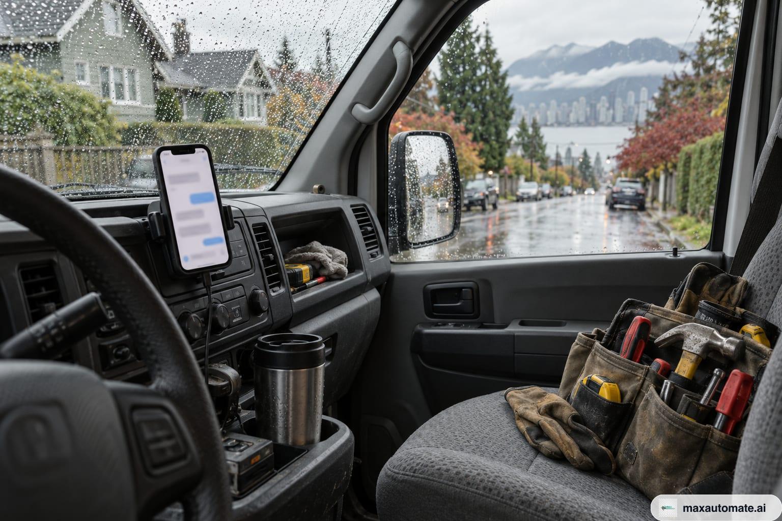 A tradesperson’s work van parked in the rain, a phone on the dashboard showing a text conversation, wipers paused mid-windshield