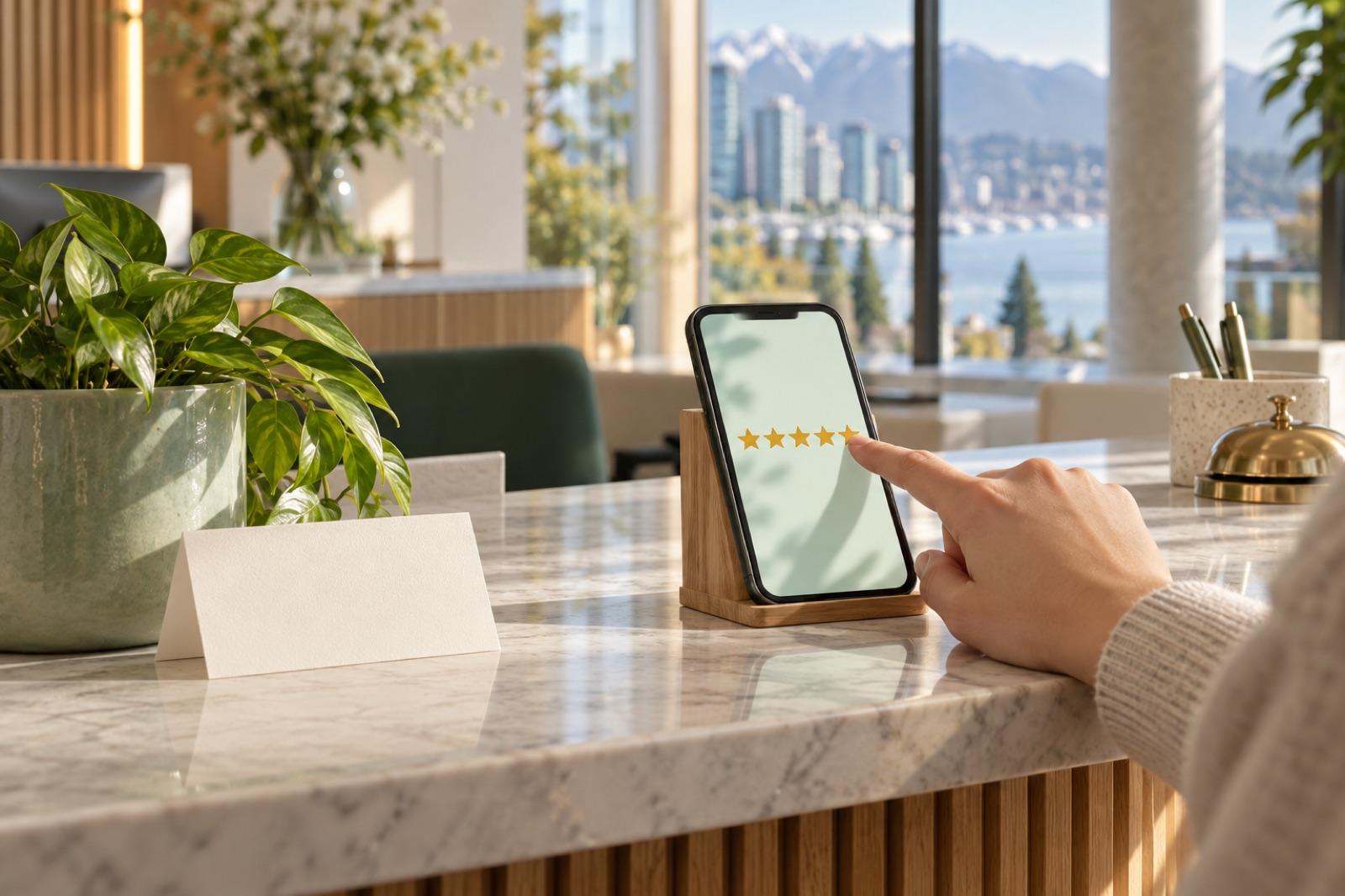 A hand tapping a five-star rating on a phone at a bright reception desk, next to a blank card and a potted plant