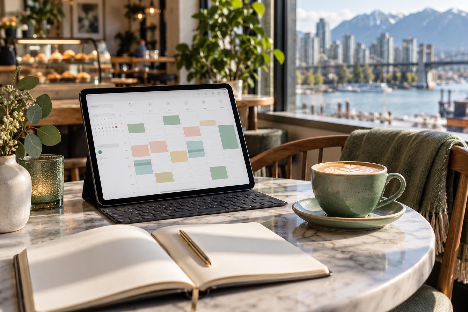 A tablet on a café table showing a weekly booking calendar, with a latte and an open notebook beside it