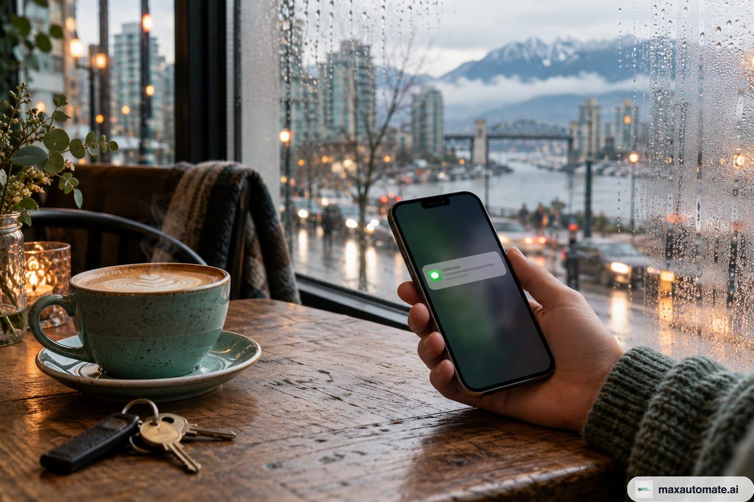 A hand holding a phone with a new text message on the screen, above a café table with a coffee cup and a pastry